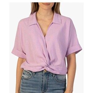 Kut From The Cloth Rebel Linen Blend Knotted Top Lavender Sz Small V-Neck Collar